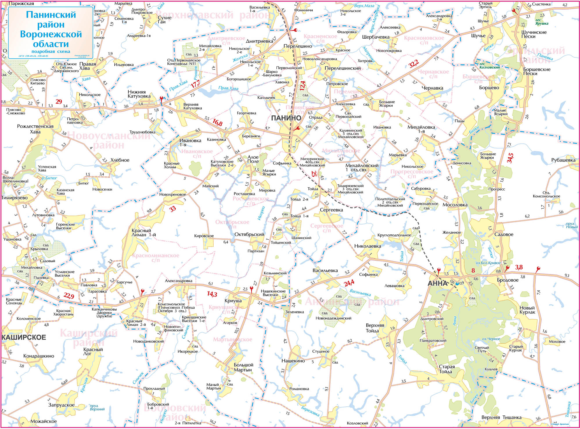 Карта панинского района воронежской области с селами